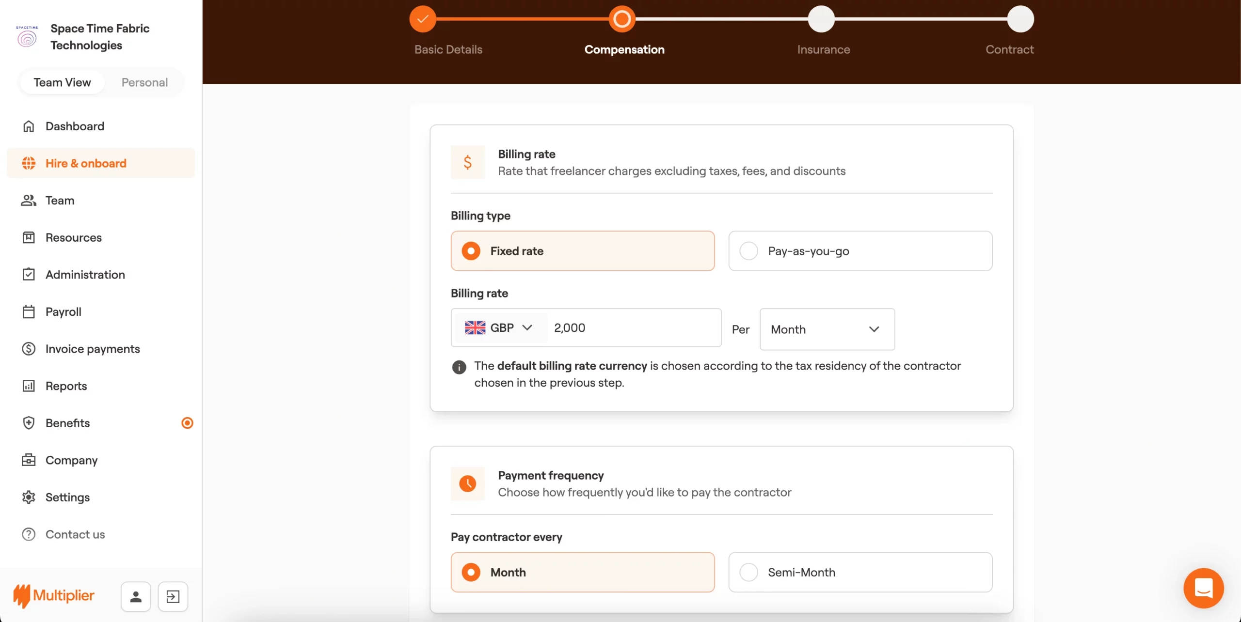 Billing type, rate, frequency, and invoice generation for onboarding a contractor in the United Kingdom (UK).